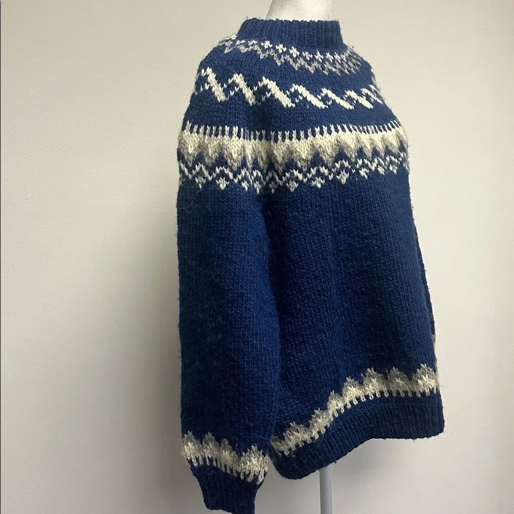Hand Knitted Wool Sweater, Blue, White Grey Icelandic Norwegian Jumper Crew-neck